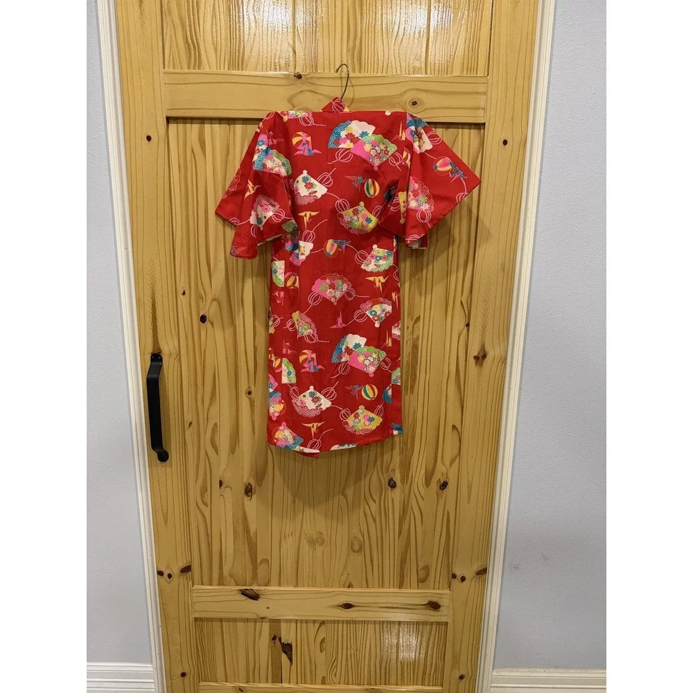 Kimono Kaftan Dress Girls 3-4 Years Red Floral V Neck Short Sleeve Japanese‎